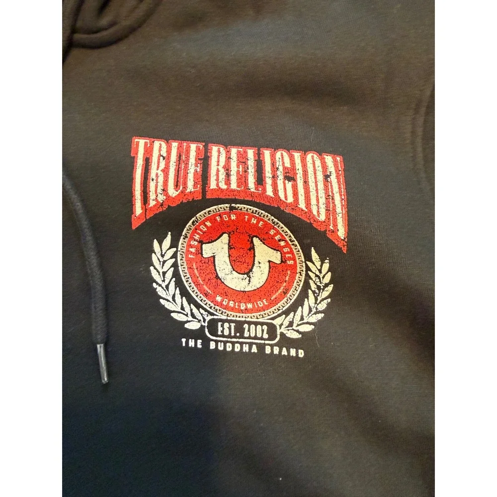 True Religion Mens College HS Zip Hoodie Jet Black Distressed Logo 700926 XL